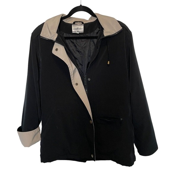 Black and Tan full zip and snap removable hood pockets Coattails Womens Size M - Picture 1 of 9